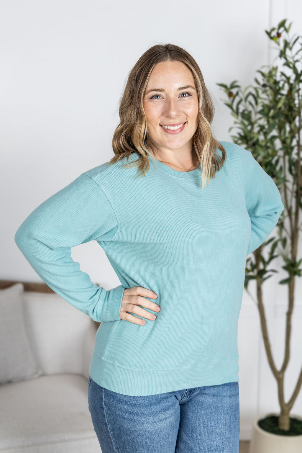 Corrine Ribbed Pullover Top - Dusty Blue