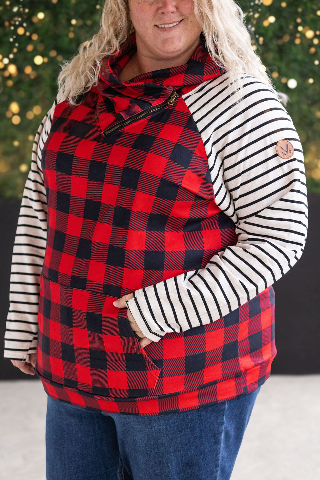 Zoey ZipCowl - Buffalo Plaid and Oatmeal Stripes