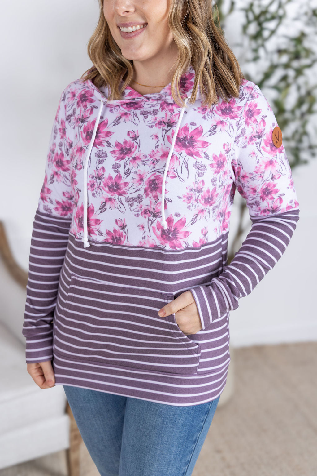 Hailey Pullover Hoodie - Pink Floral and Stripes