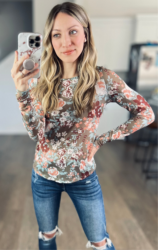 Sage Floral Mesh Top
