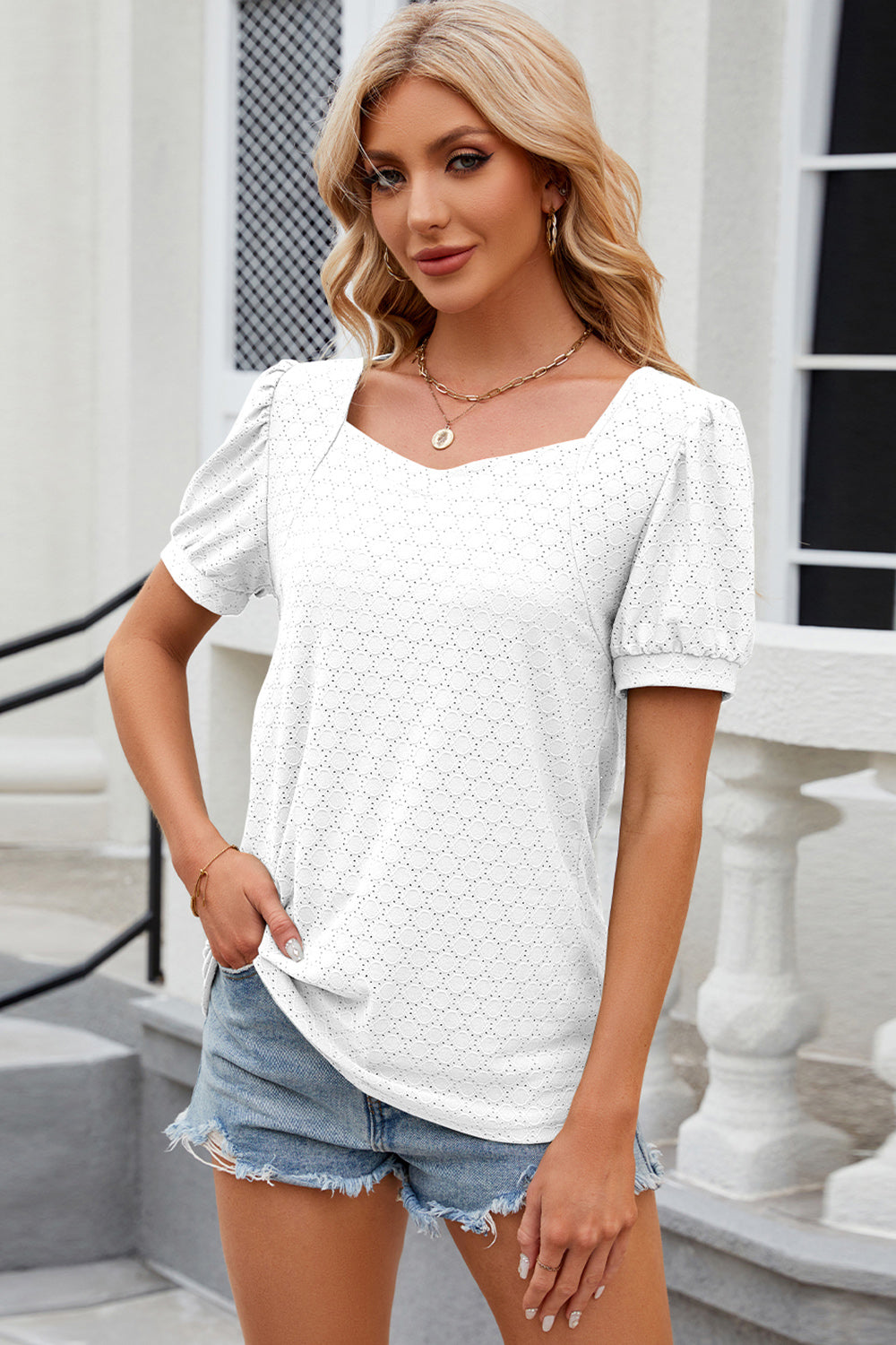 Sweetheart Neckline Eyelet Top