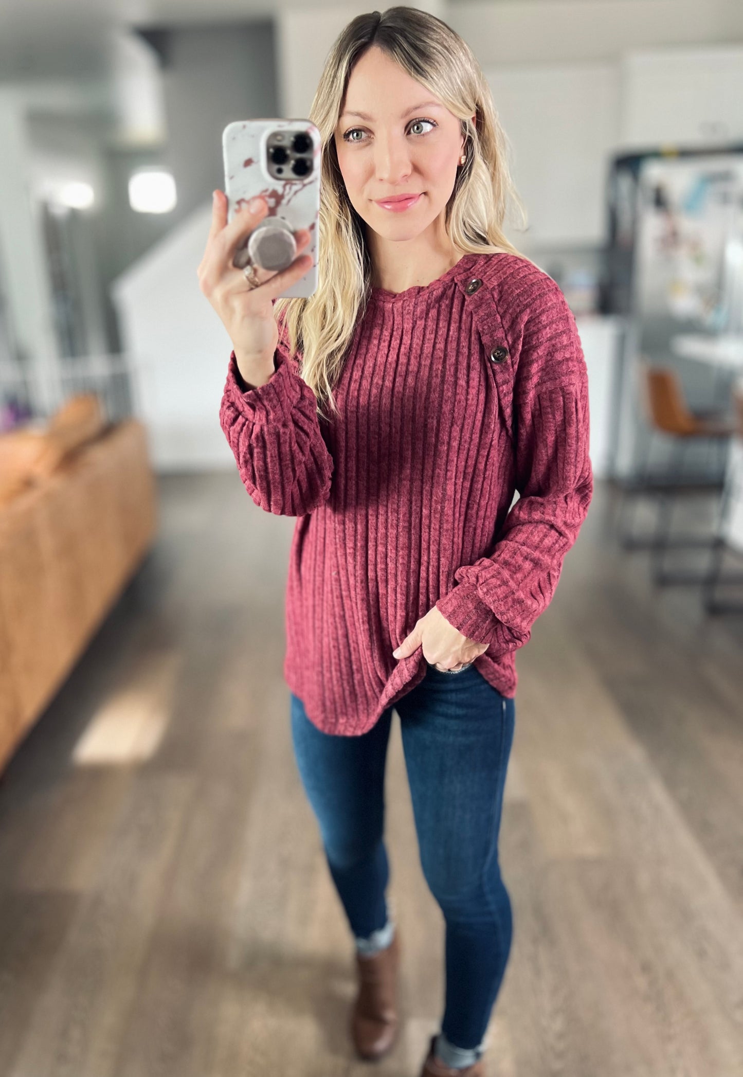 Mandy Decor Button Long Sleeve Ribbed T-Shirt