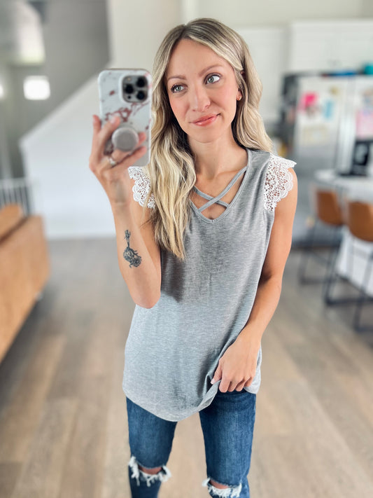 Lace Cross Front Top in Grey