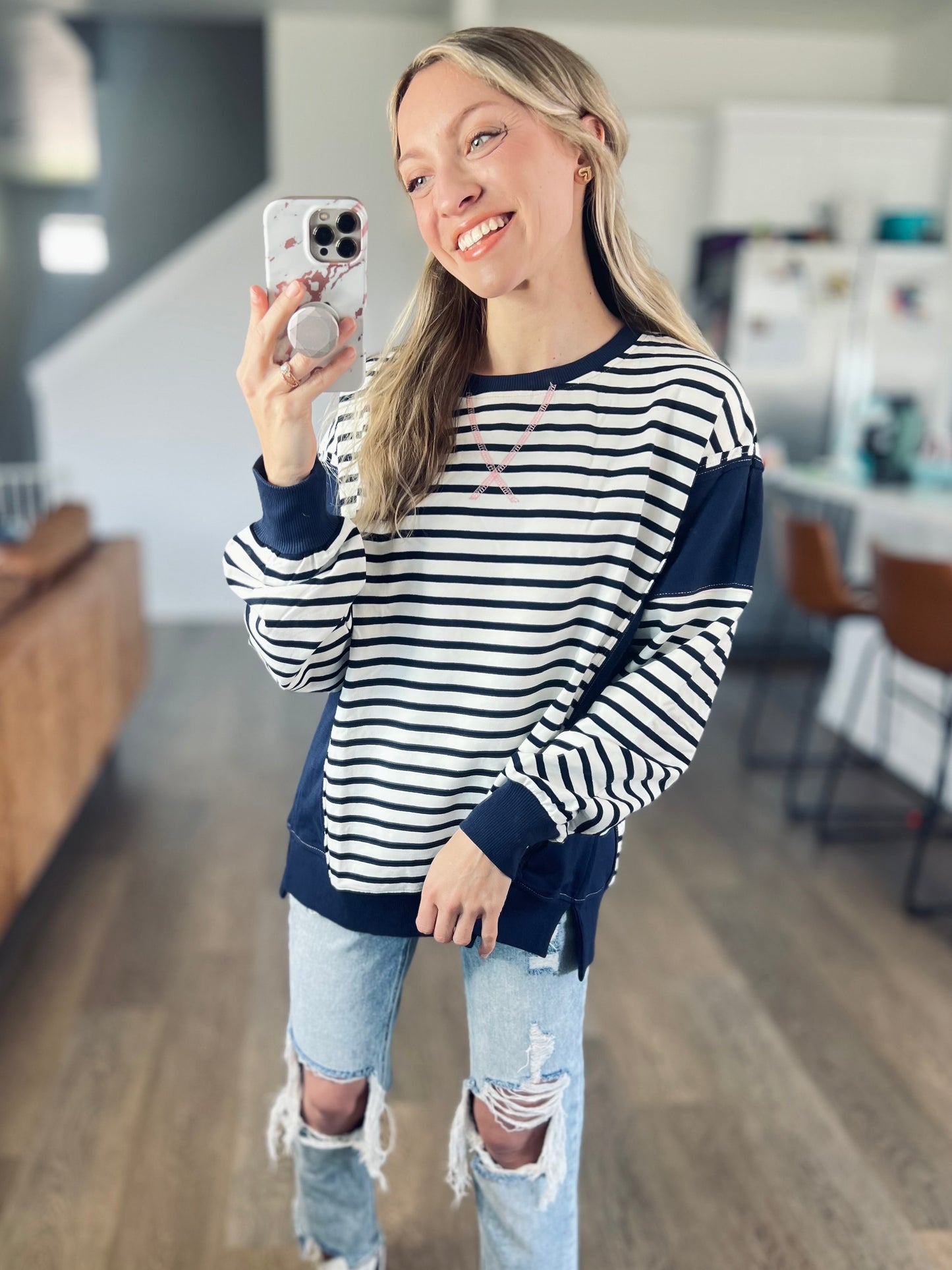 *free ship today* Lonnie Navy Striped Pullover