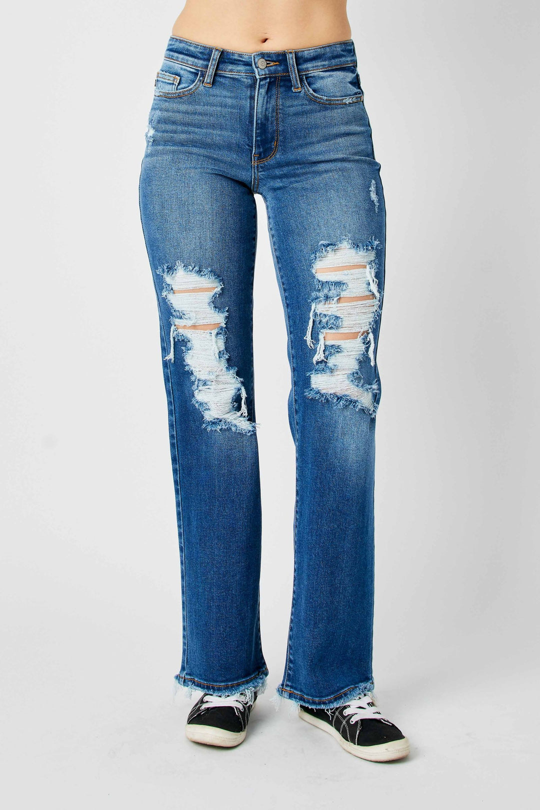 Mid Rise Distressed Raw Hem Dad Jeans - Judy Blue