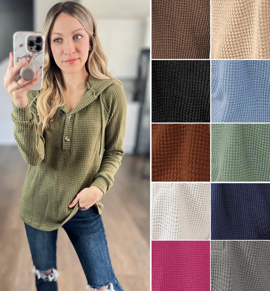 Waffle Knit Long Sleeve Drawstring Hooded Top