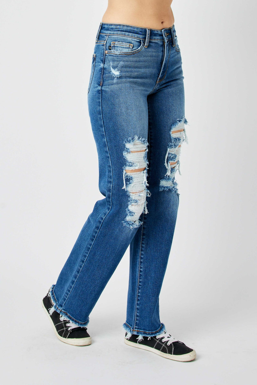 Mid Rise Distressed Raw Hem Dad Jeans - Judy Blue