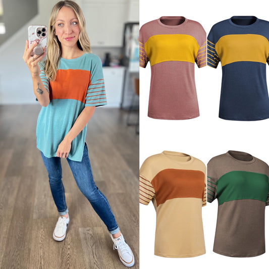 Color-block Round Neck Short Sleeve Tee