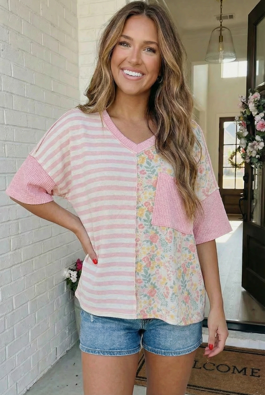 Pretty Darn Cute Mixed Print V-Neck Top