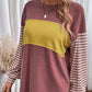 Round Neck Striped Long Sleeve Slit T-Shirt