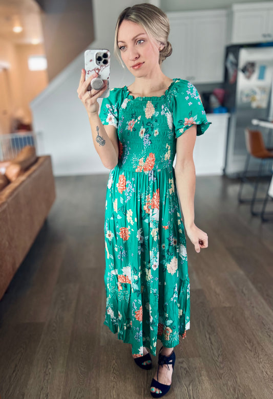 Lydia Midi Dress in Green Florals