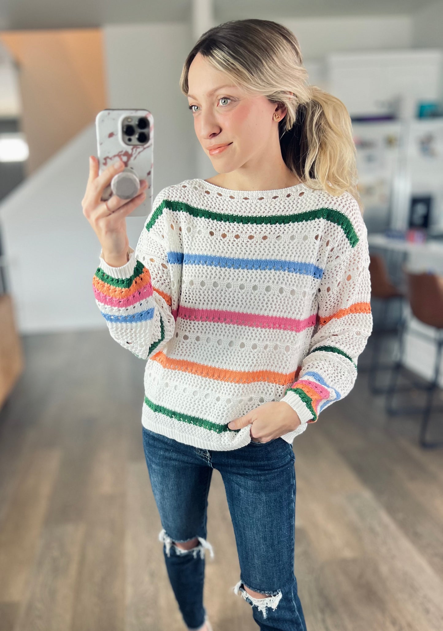 *free ship today* Happy Days Stripe Pointelle Sweater