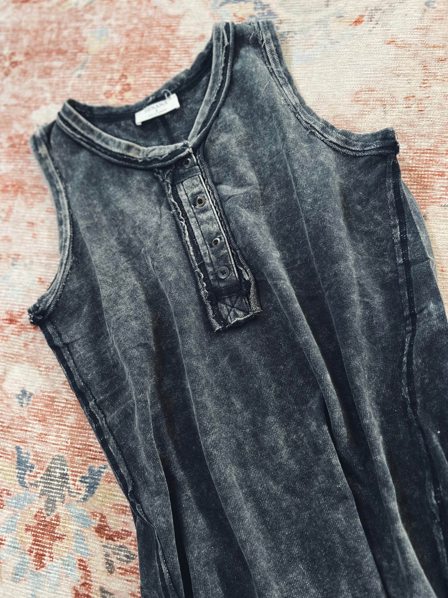 Washed Sleeveless Henley Top in Ash Black