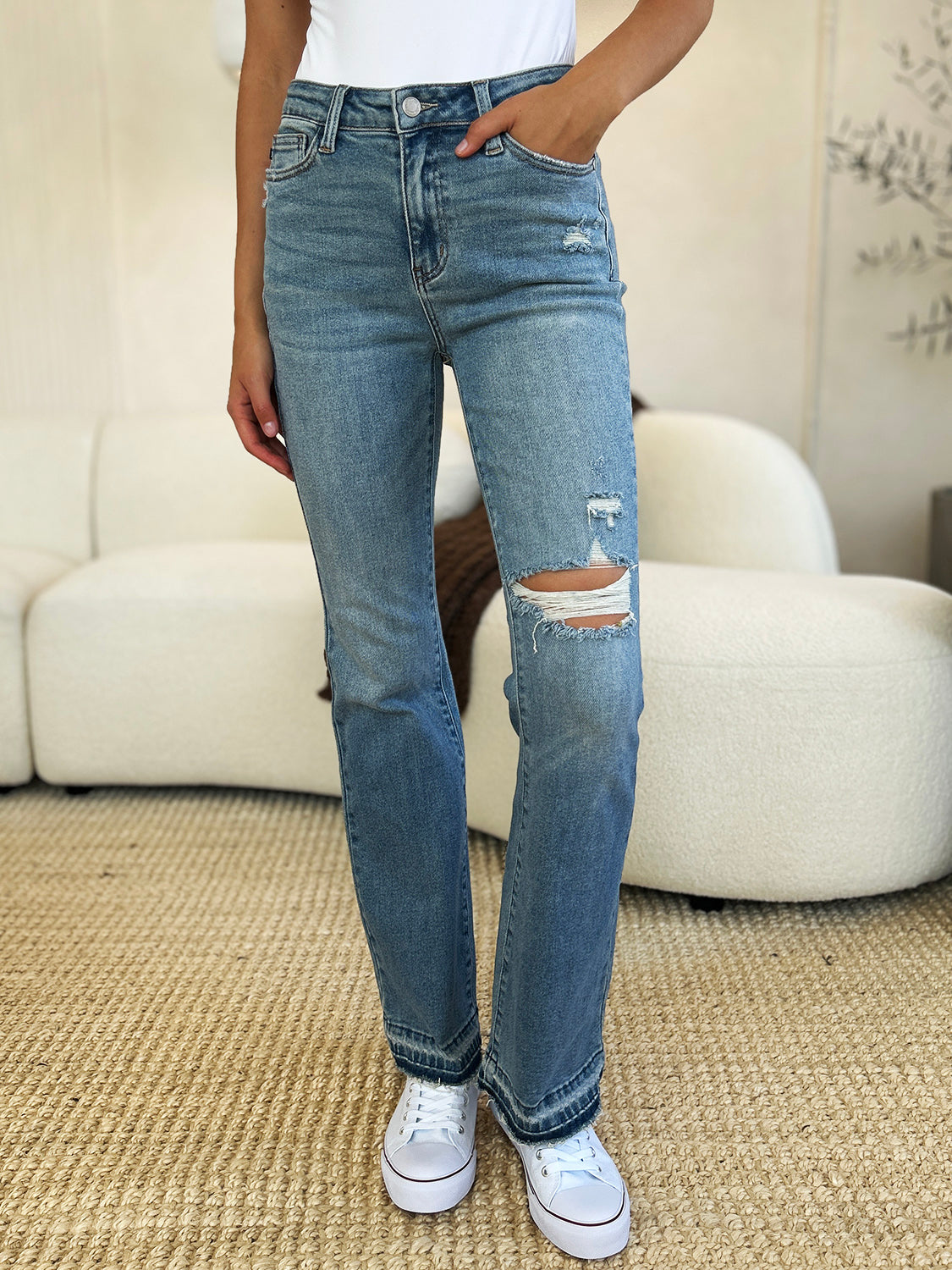 Mid Rise Destroyed Hem Distressed Jeans - Judy Blue