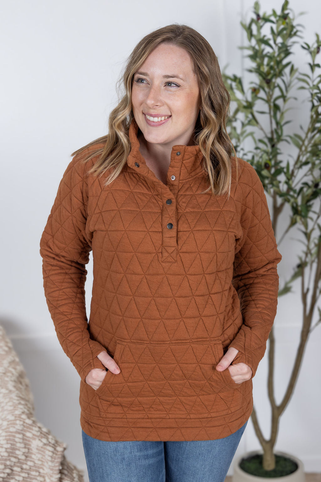 Geometric Button Snap Pullover - Rust