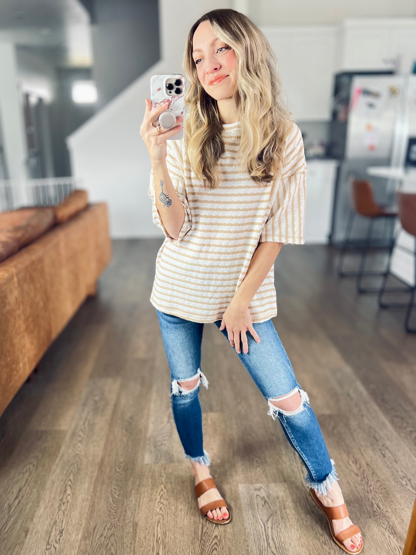 SHIPS FREE TODAY //  Textured Stripe Patchwork Detail Half Sleeve Top