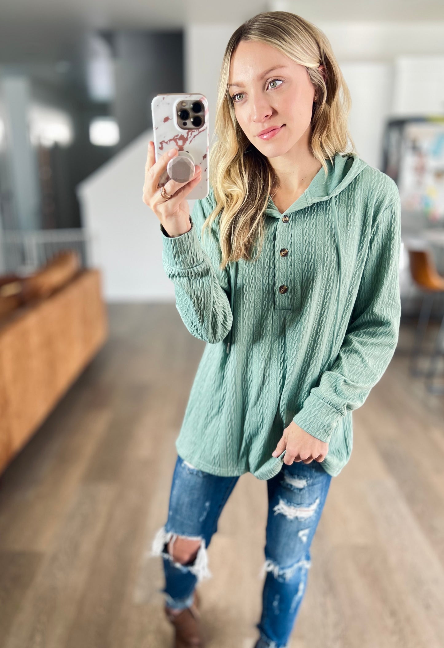 Cable Button Hoodie in Sage