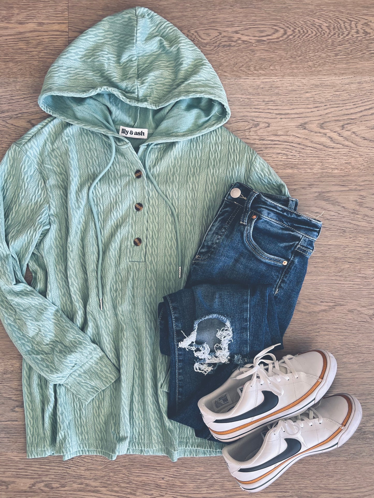 Cable Button Hoodie in Sage