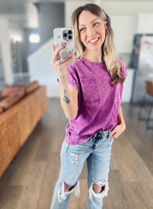 *free ship today* Plum Crinkle Washed Short Sleeve Tee