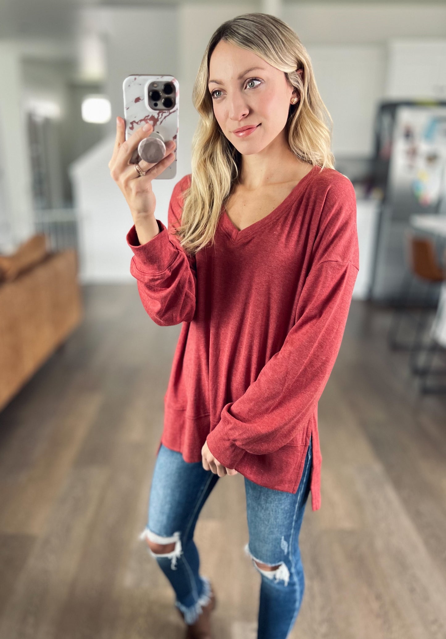 Comfort V-Neck Top in Mineral Red