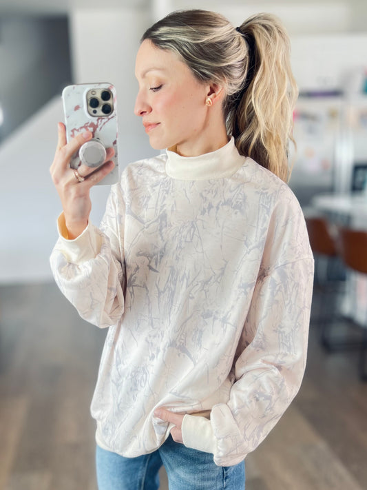 Cream Camo Mock Neck Pullover