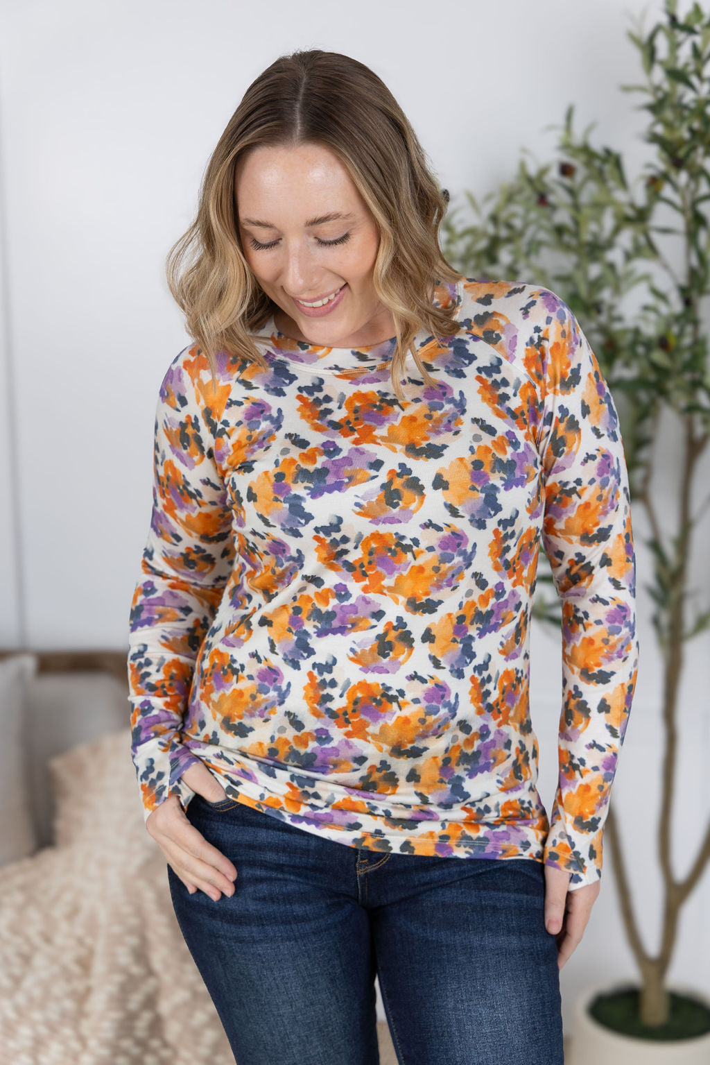 Blair Long Sleeve Top - Autumn Purple Abstract