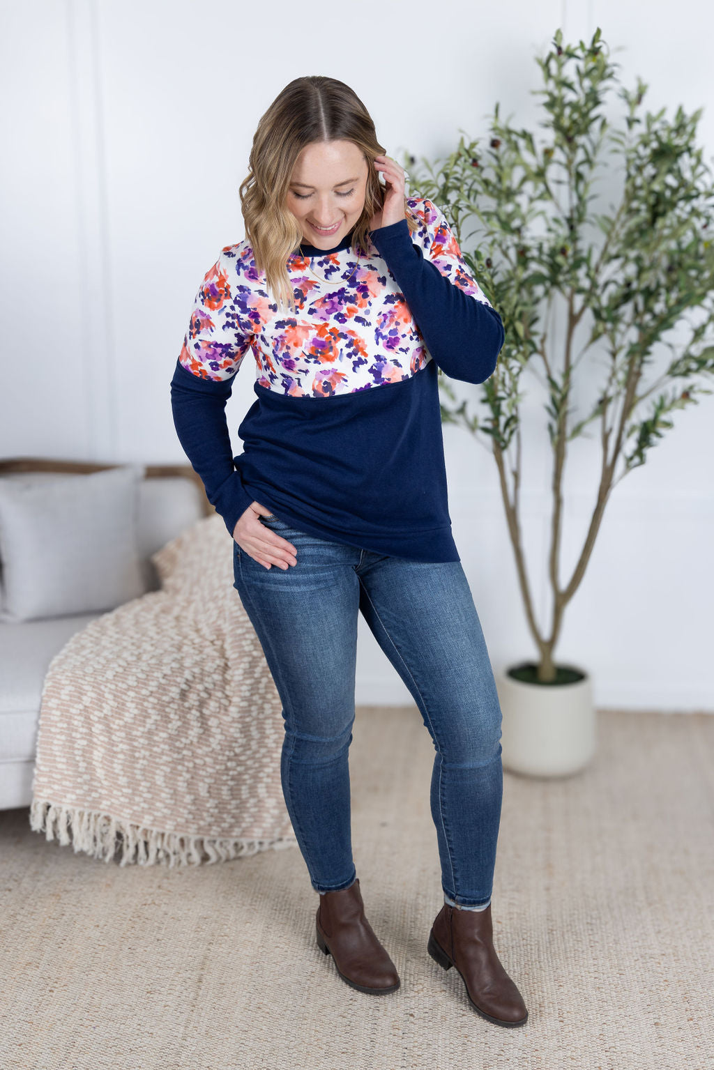 Natalie Pullover - Autumn Purple Abstract and Navy