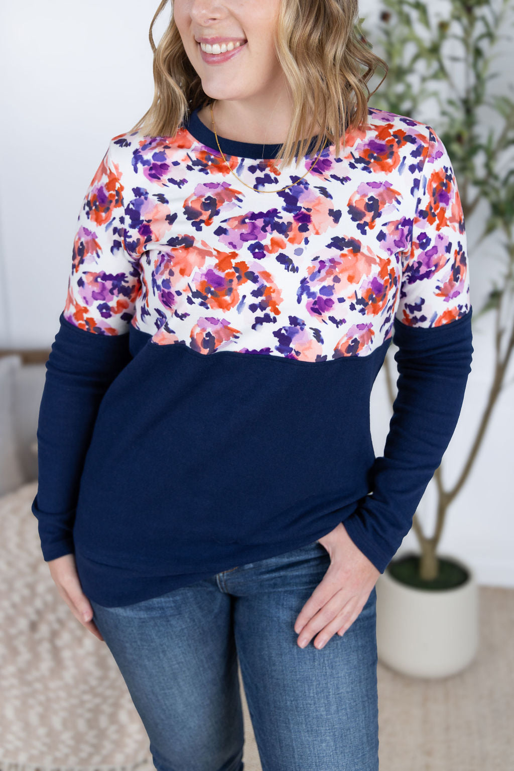 Natalie Pullover - Autumn Purple Abstract and Navy