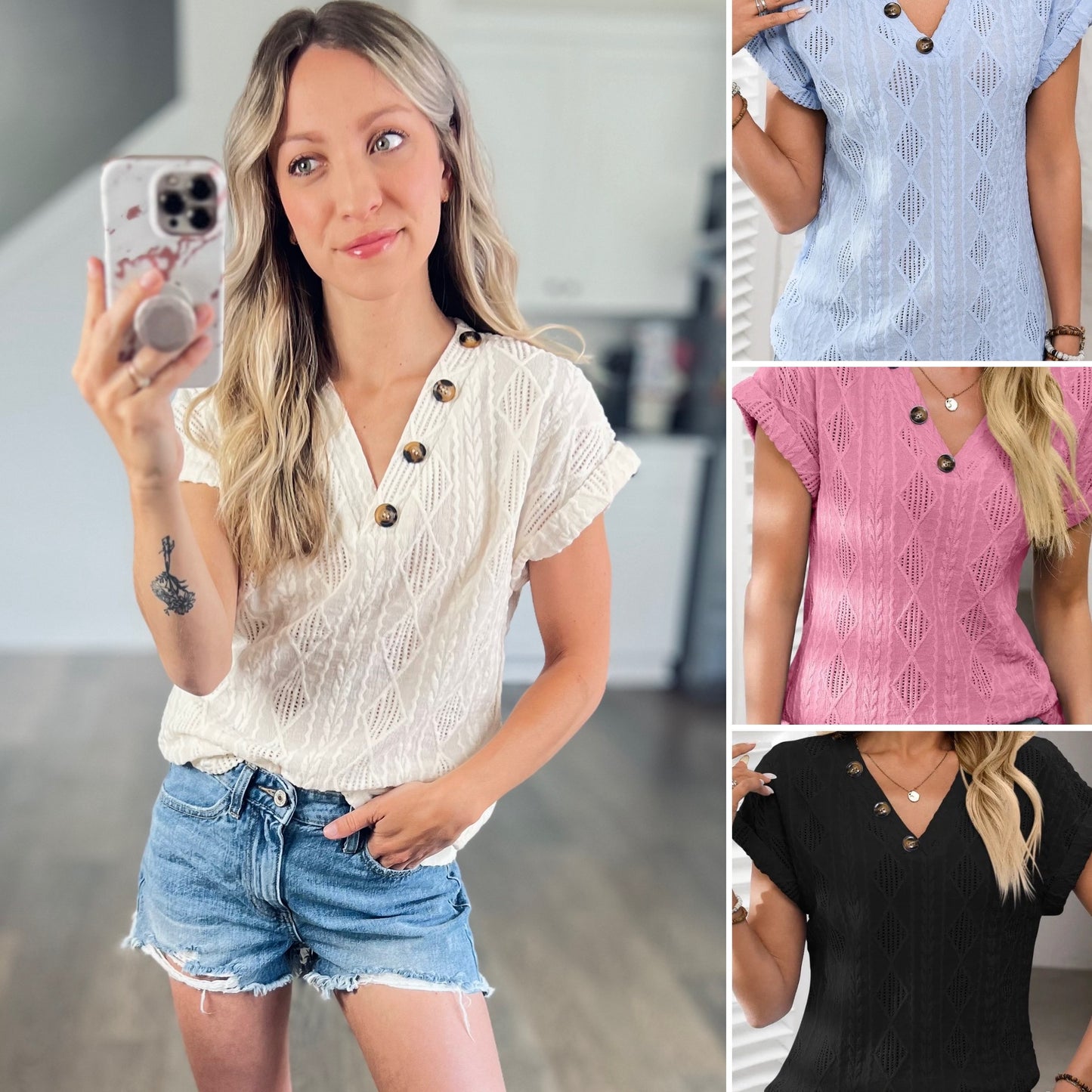 Olivia Openwork V-Neck Short Sleeve Button Top