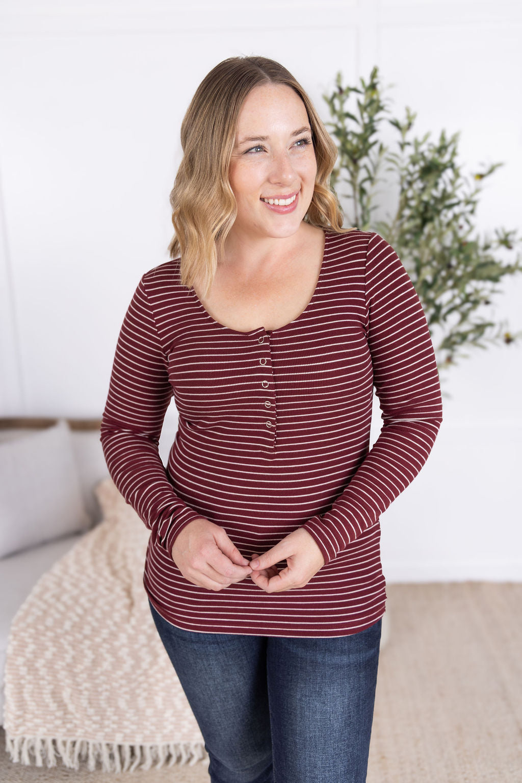 Striped Henley Long Sleeve - Burgundy