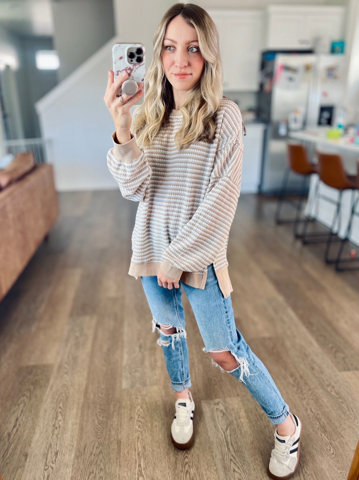 *free ship today* Relaxing Khaki Stripe Waffle Top