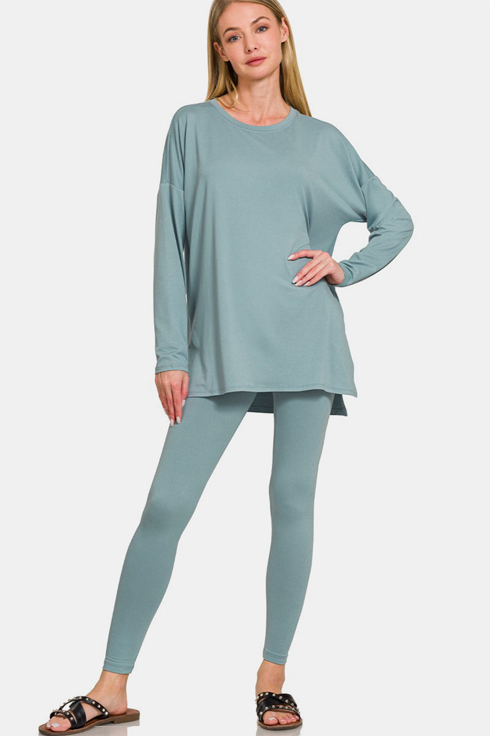 Full Size Brushed Microfiber Top and Leggings Lounge Set in Dusty Blue