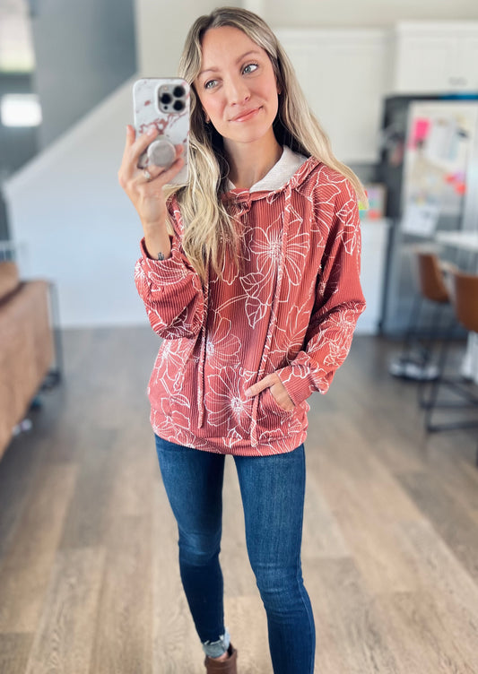 Maxine Floral Ribbed Hoodie in Rust