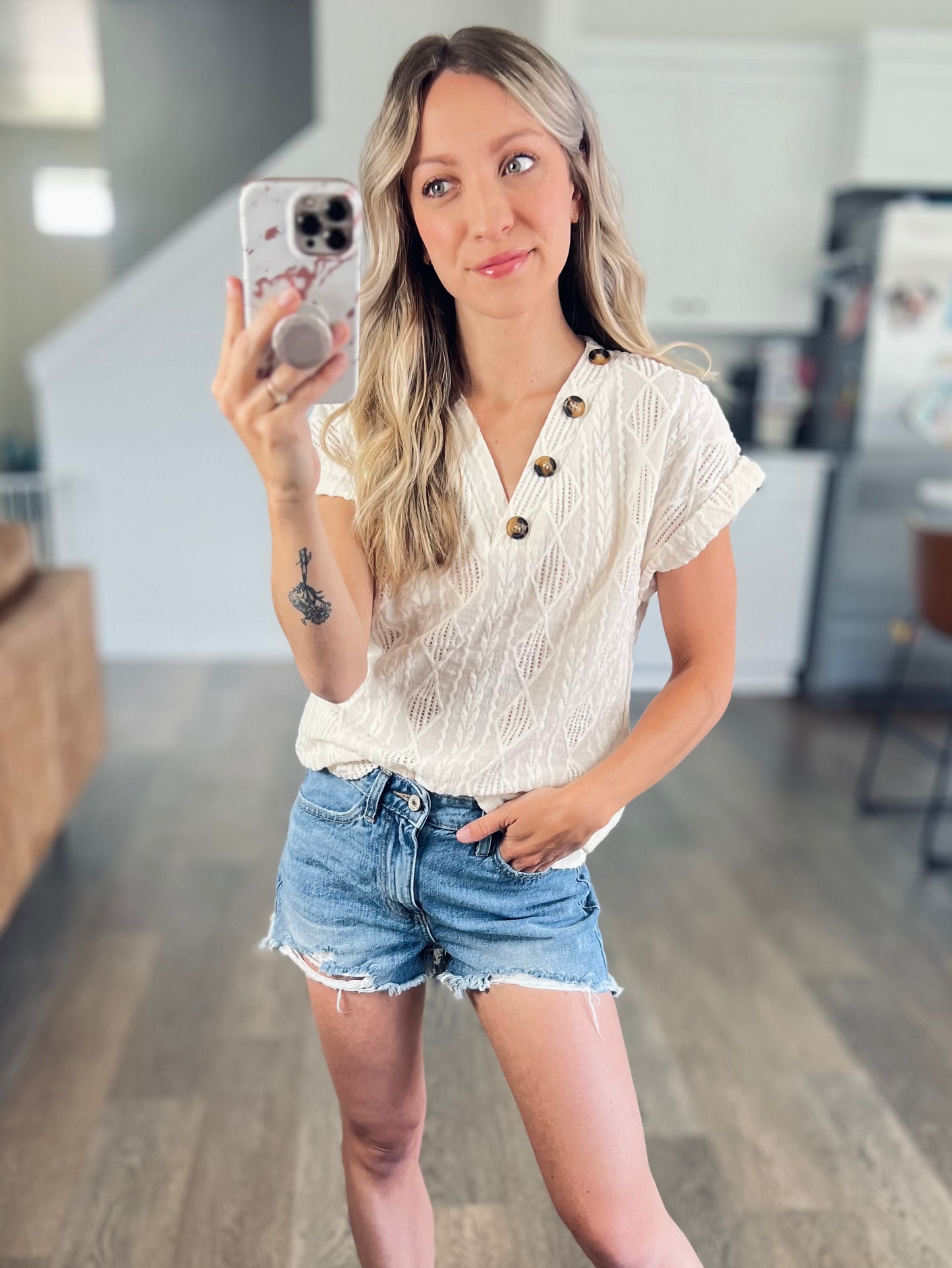 Olivia Openwork V-Neck Short Sleeve Button Top