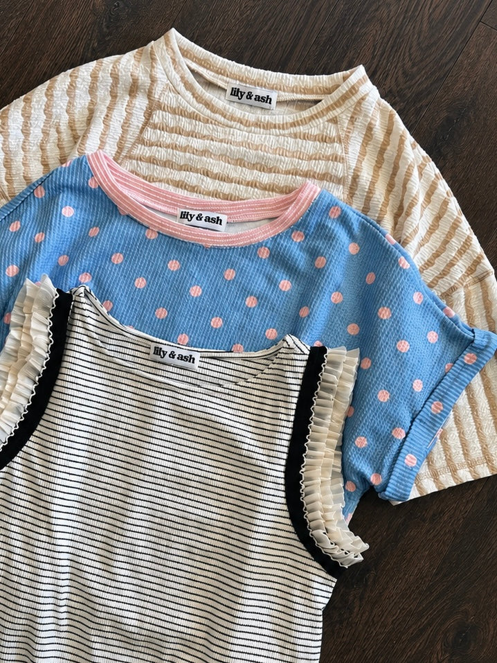 SHIPS FREE TODAY //  Textured Stripe Patchwork Detail Half Sleeve Top