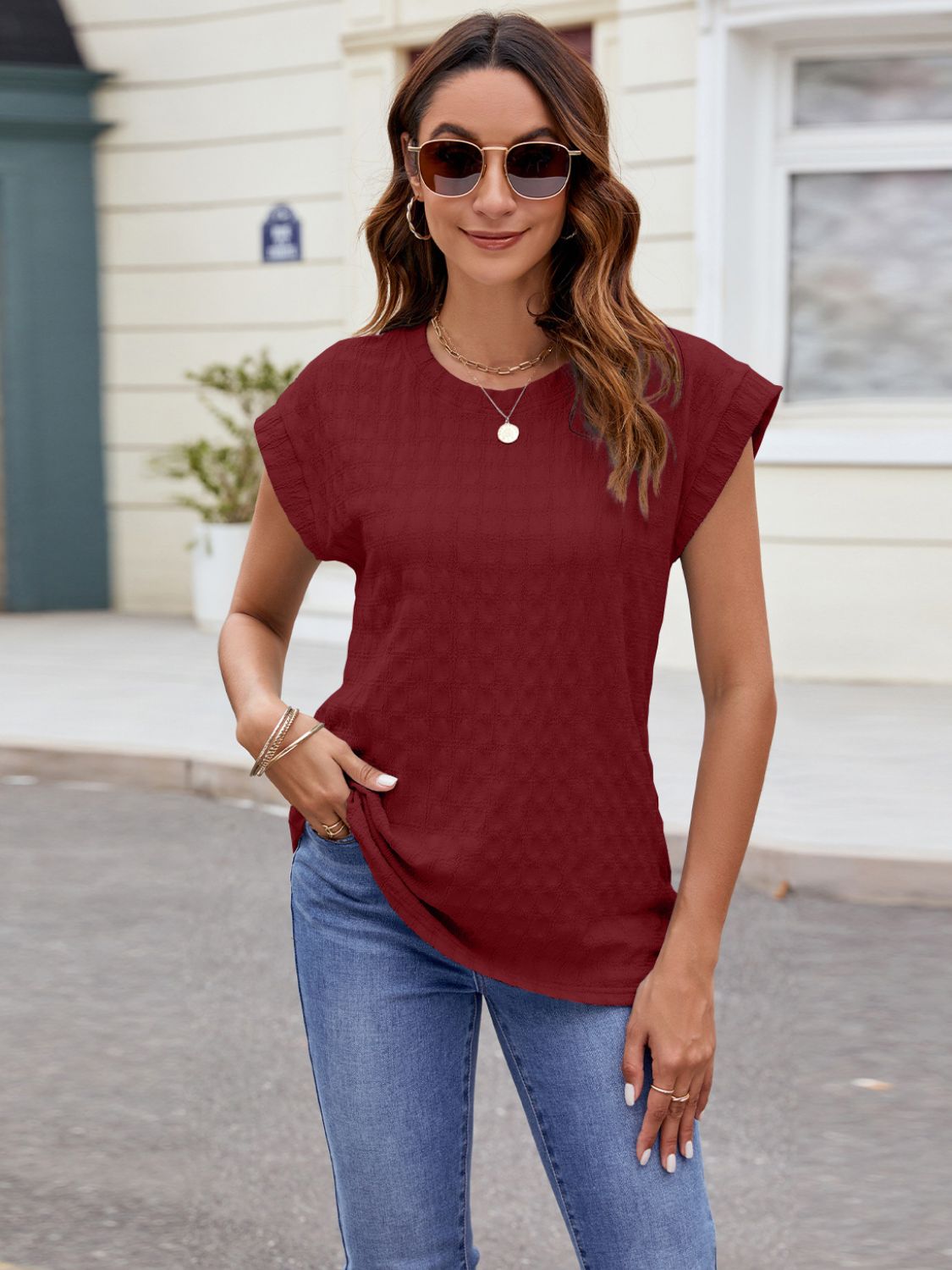 Textured Round Neck Cap Sleeve Top