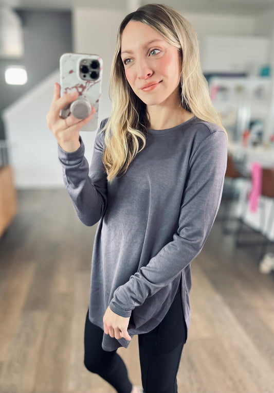 Longline Tulip Hem Top in Dark Stone