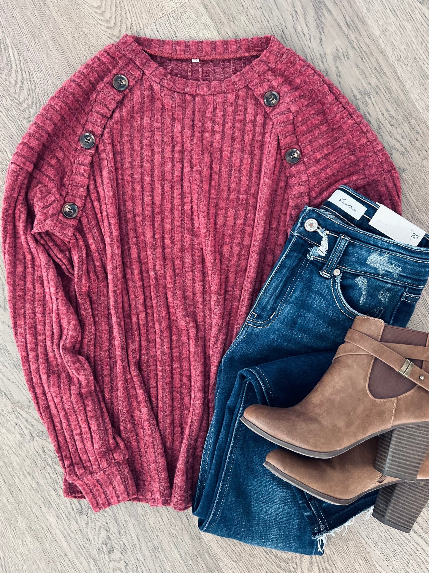 Mandy Decor Button Long Sleeve Ribbed T-Shirt