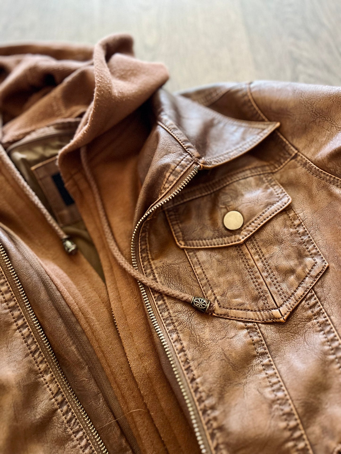 [camel] Hooded Vegan Leather Jacket