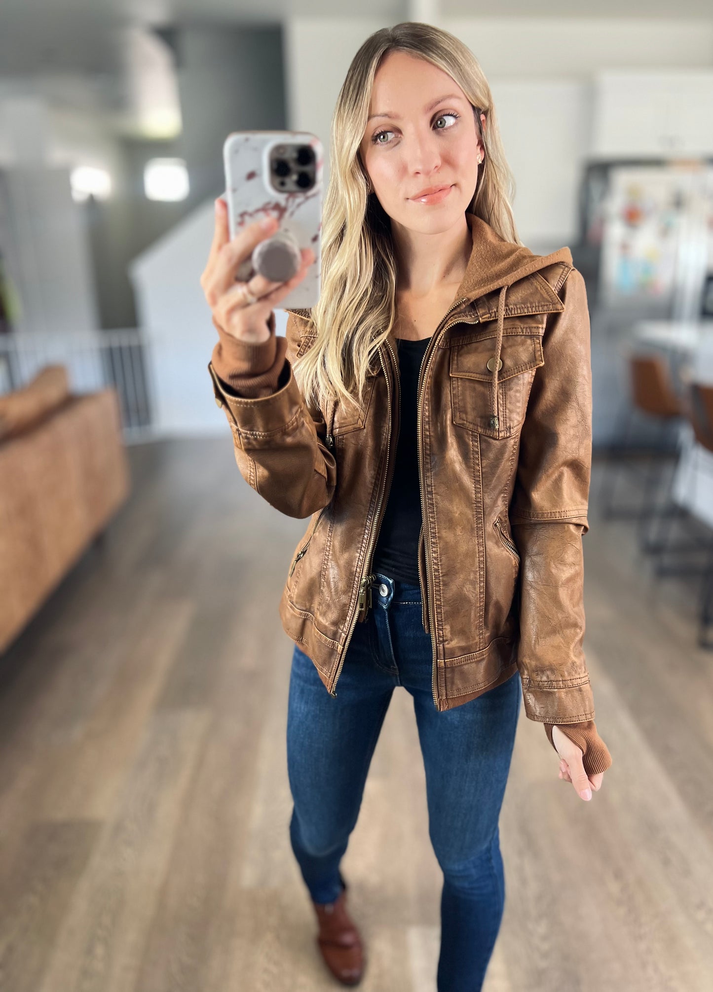 [camel] Hooded Vegan Leather Jacket