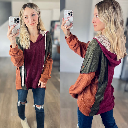 Burgundy Two-Tone Knit Hoodie