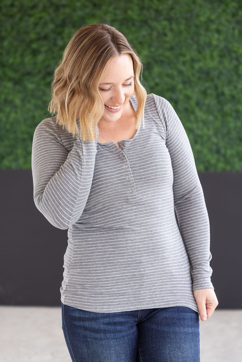 Striped Henley Long Sleeve - Charcoal