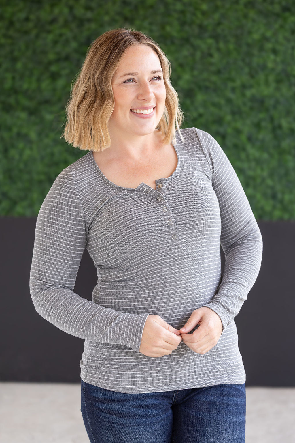Striped Henley Long Sleeve - Charcoal