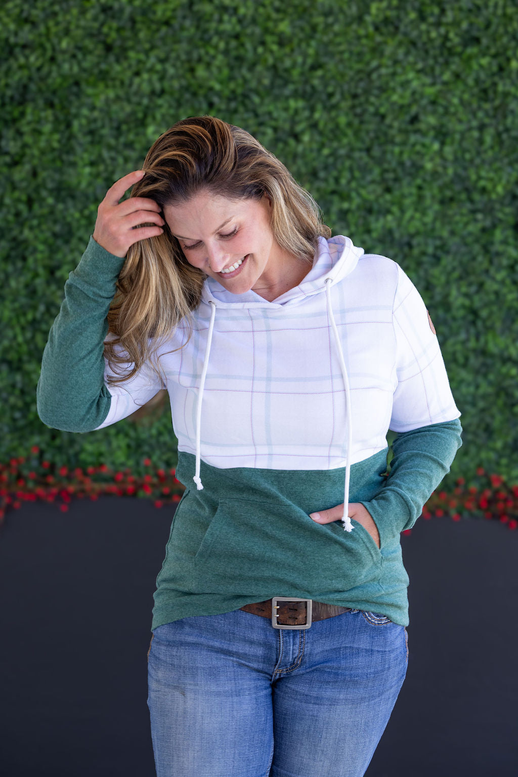 *new* Hailey Pullover Hoodie - Mint and Red Plaid and Evergreen