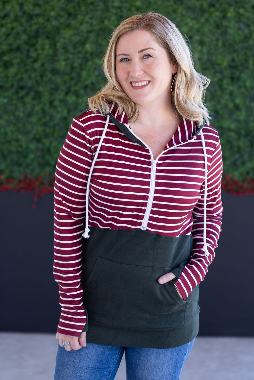 *new* Soft Classic HalfZip Hoodie - Evergreen and Burgundy Stripes