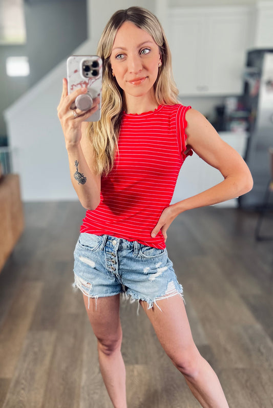 Ribbed Ruffle Trim Sleeveless Stripe Top in Ruby