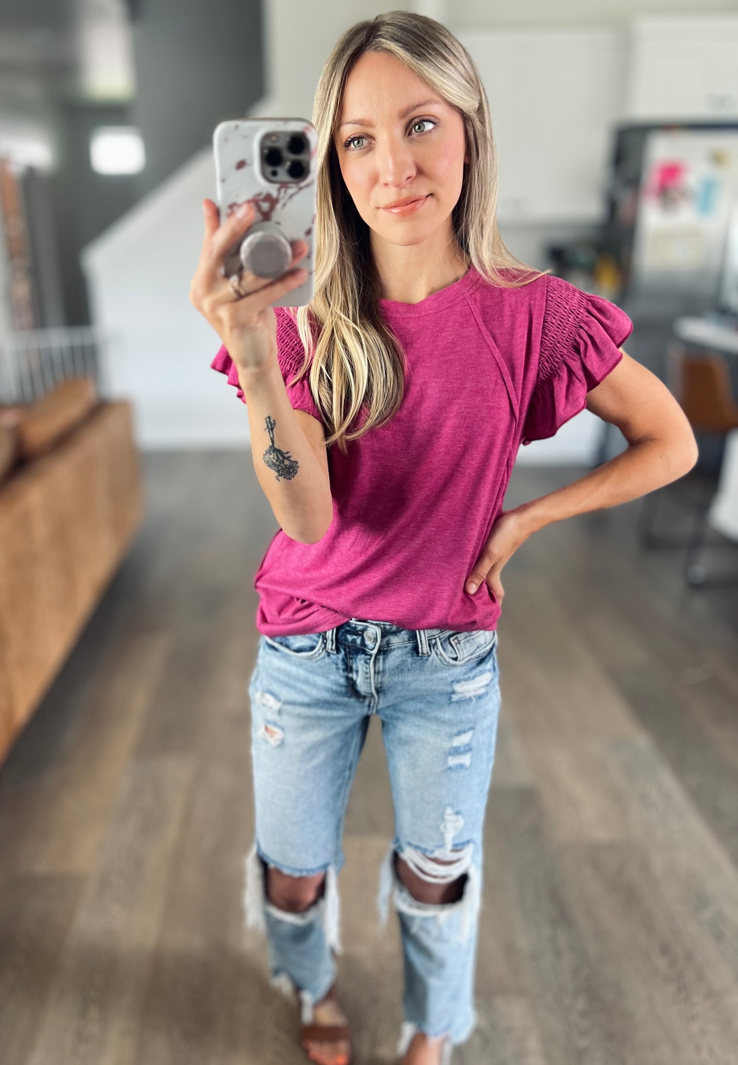 [6 colors] Ruffle Sleeve Round Neck Top