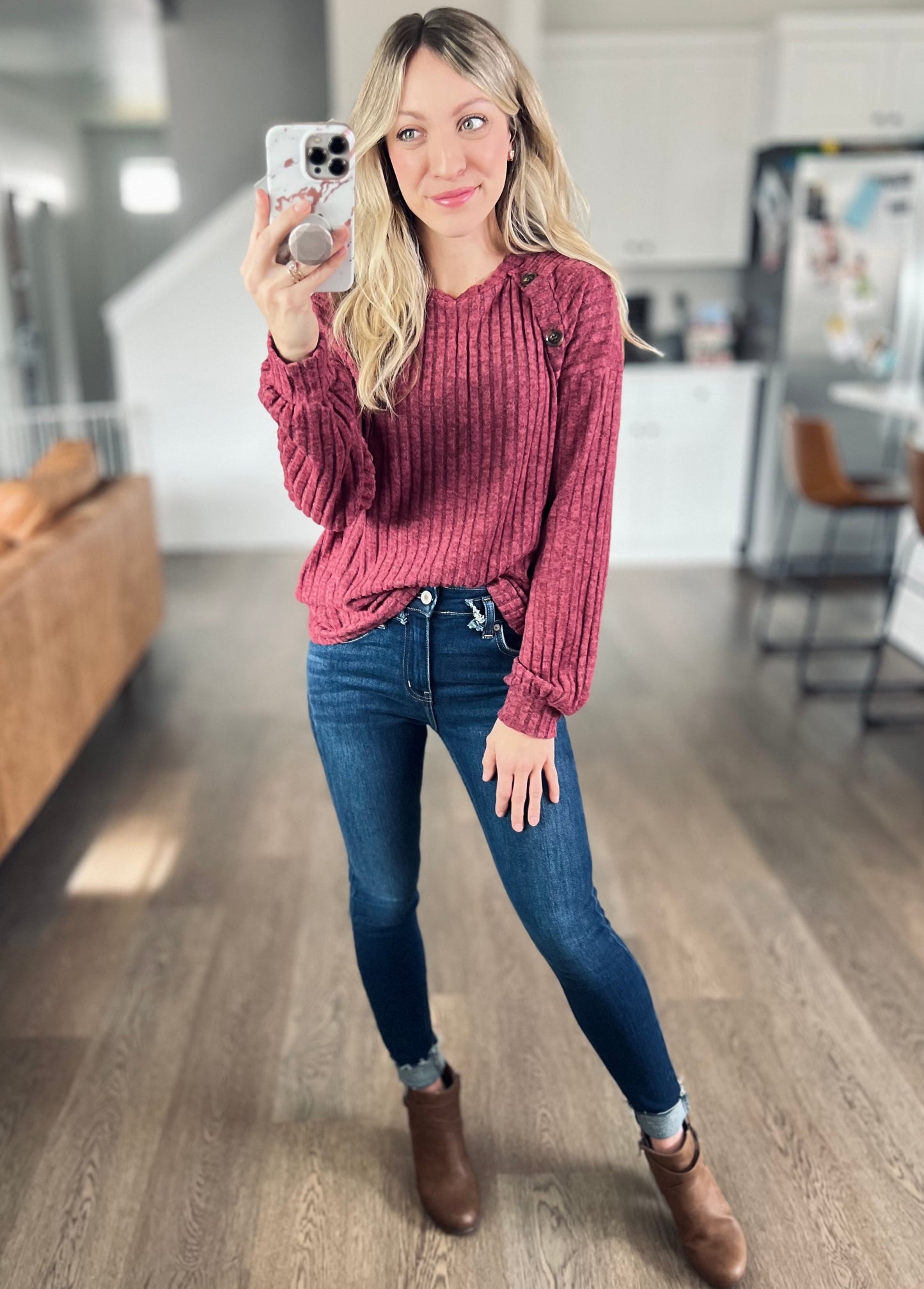 Mandy Decor Button Long Sleeve Ribbed T-Shirt