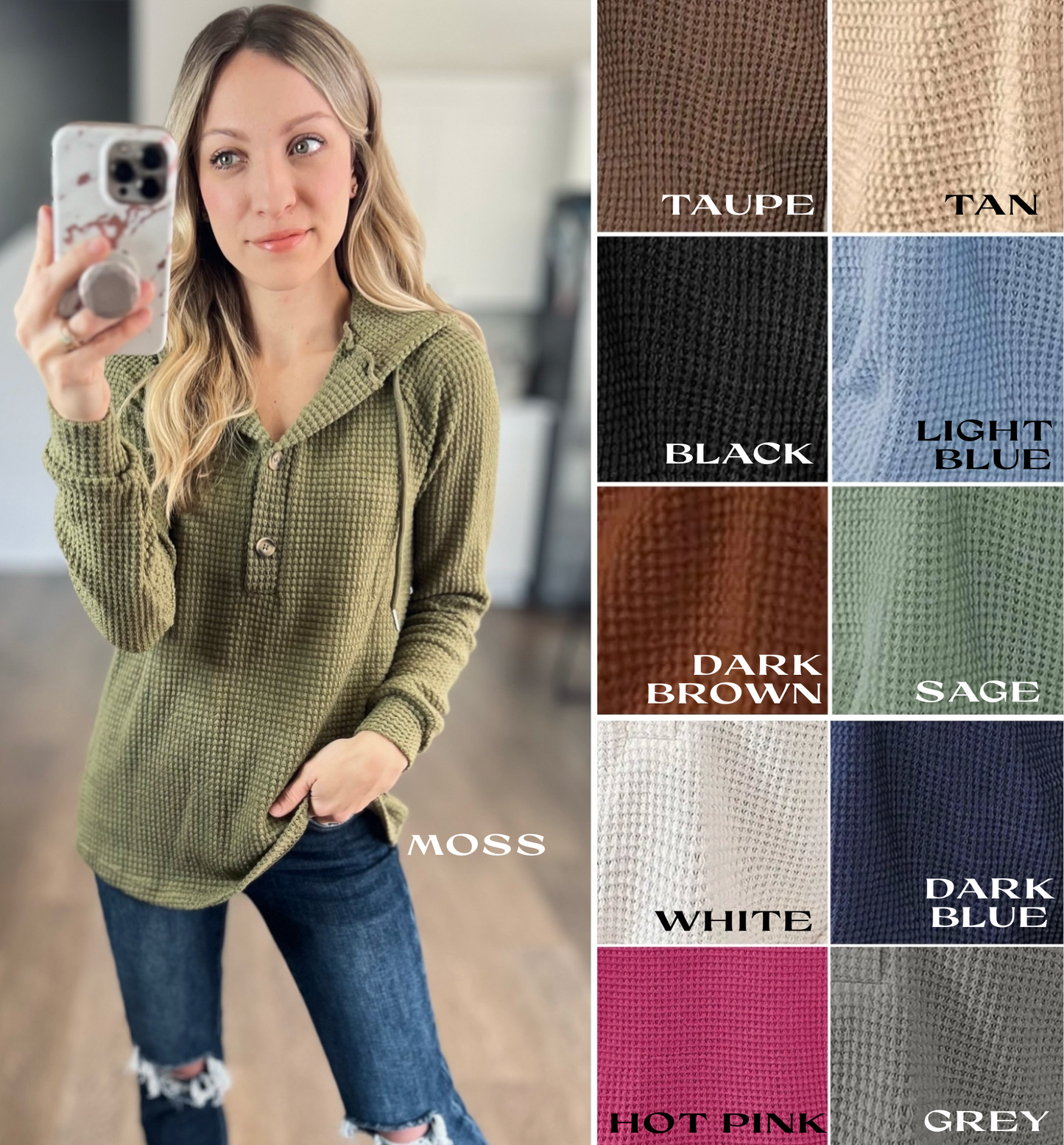 Waffle Knit Long Sleeve Drawstring Hooded Top