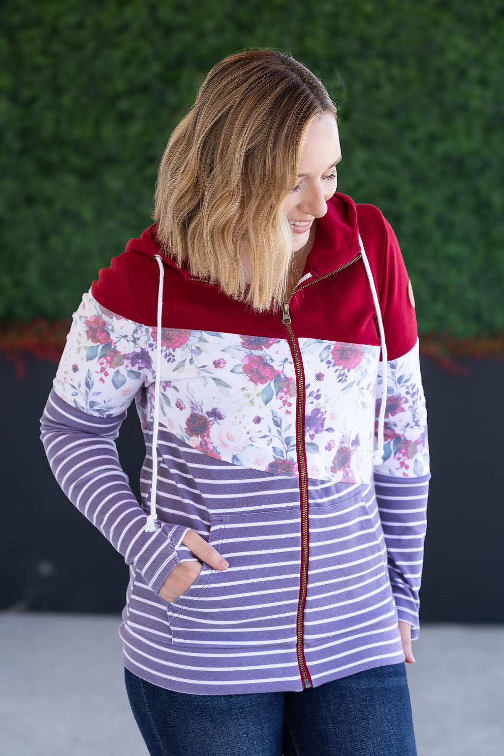 Colorblock Fullzip - Burgundy, Burgundy Bloom, and Plum Stripes